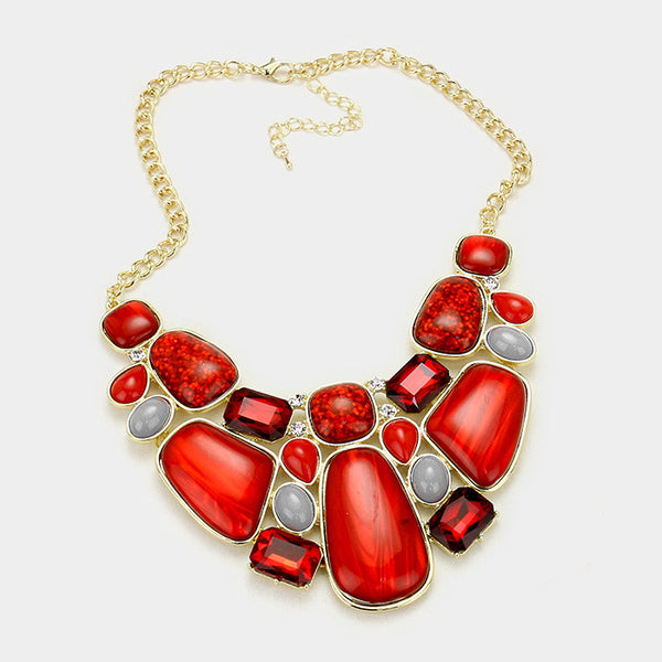 Gold Red Glitter Epoxy Statement Necklace Set
