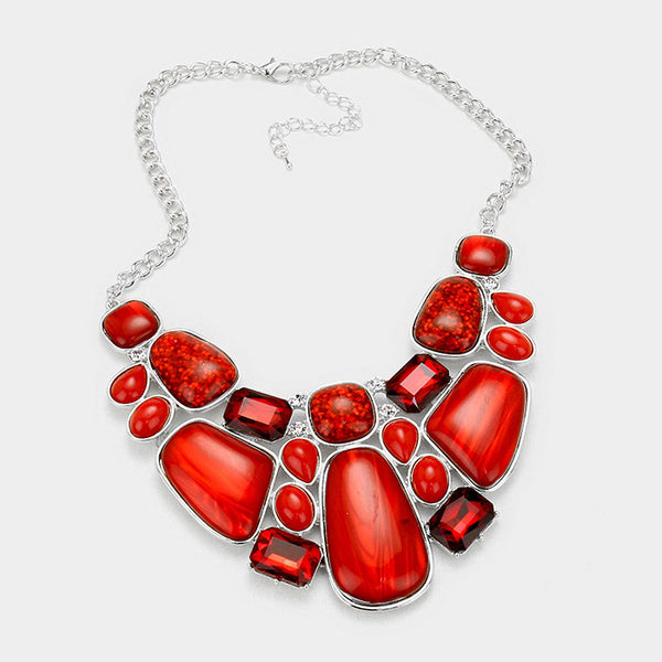 Silver Red Glitter Epoxy Statement Necklace Set