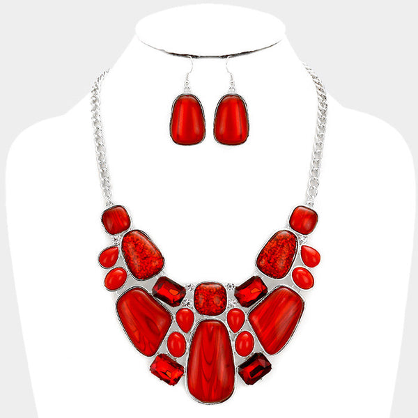 Silver Red Glitter Epoxy Statement Necklace Set