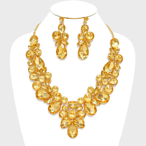 Topaz Gold Floral Crystal Rhinestone Evening Statement Necklace Set - Bedazzled By Jeanelle