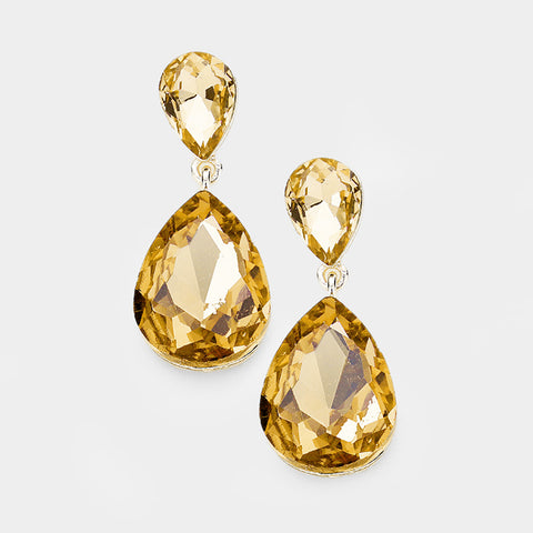 Formal Gold Topaz Crystal Double Teardrop Evening Earrings
