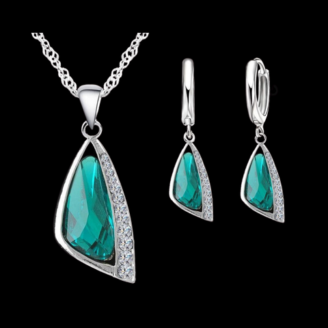Sterling Silver Teal Triangular Necklace Set