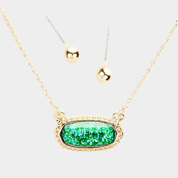 Green Hexagon Glitter Stone Pendant Necklace