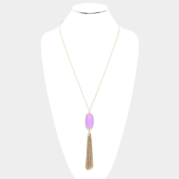 Lavender Hexagon Stone Tassel Pendant Necklace