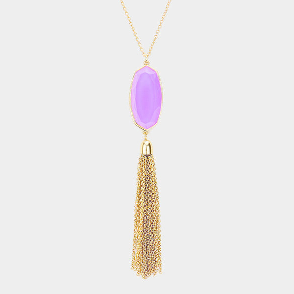Lavender Hexagon Stone Tassel Pendant Necklace