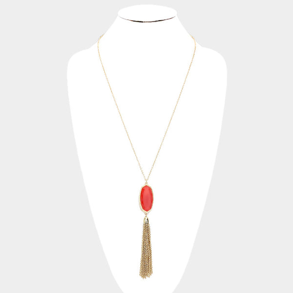 Orange Hexagon Stone Tassel Pendant Necklace