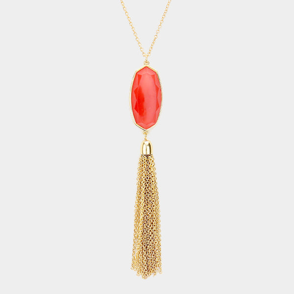 Orange Hexagon Stone Tassel Pendant Necklace