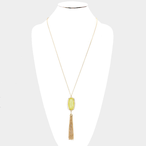 Yellow Hexagon Stone Tassel Pendant Necklace