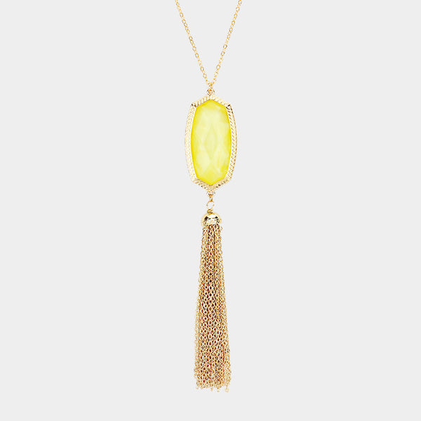 Yellow Hexagon Stone Tassel Pendant Necklace