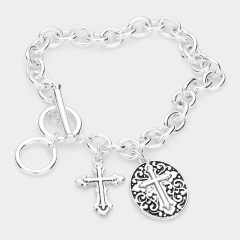 Lord's Prayer Cross Charm Toggle Bracelet