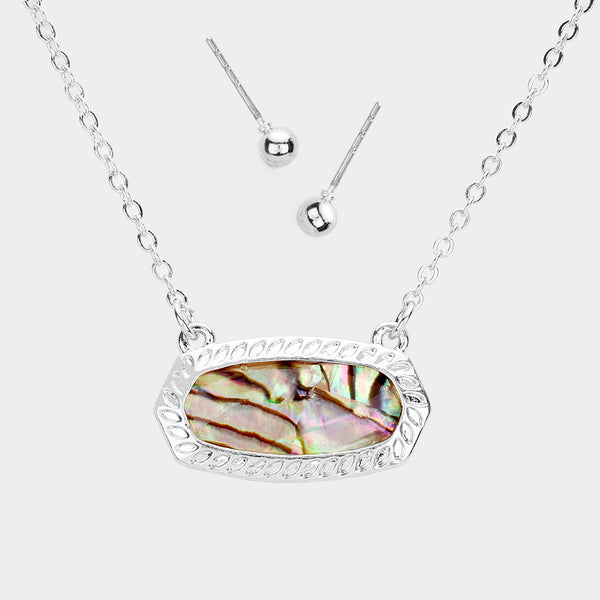 Silver Abalone Hexagon Stone Pendant Necklace