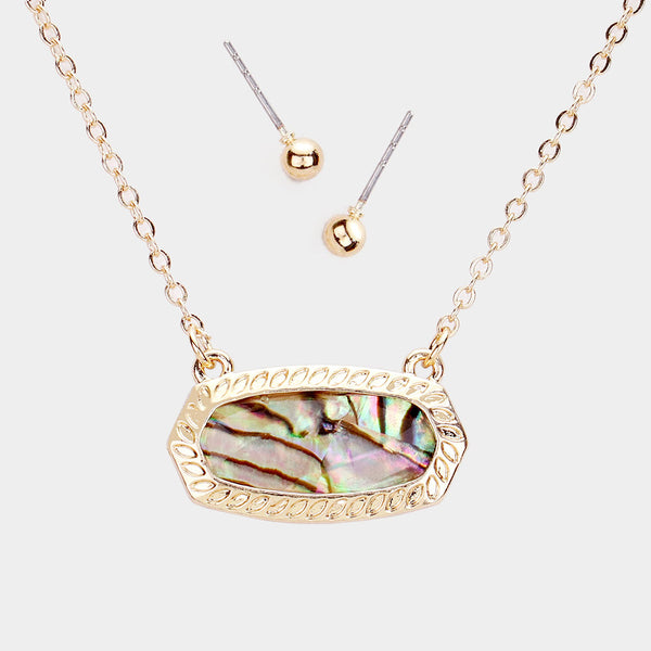 Gold Abalone Hexagon Stone Pendant Necklace
