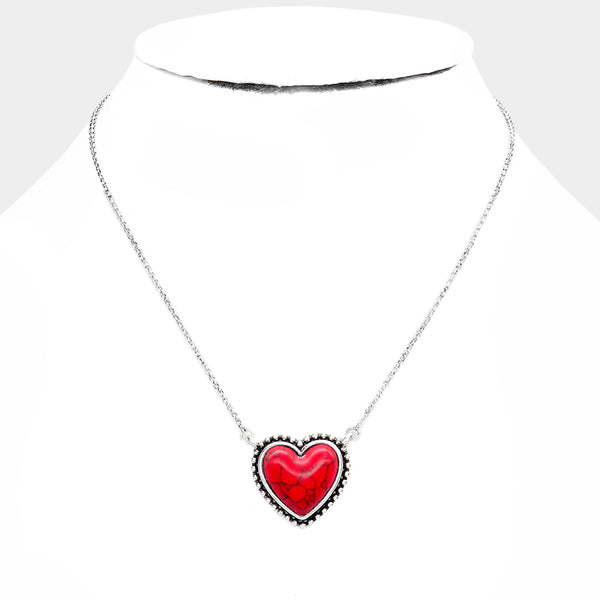 Coral Heart Natural Stone Pendant Necklace