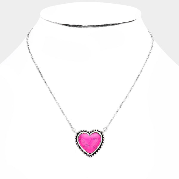 Pink Heart Natural Stone Pendant Necklace