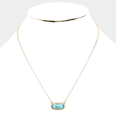 Aqua Hexagon Glitter Stone Pendant Necklace