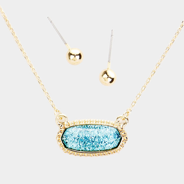Aqua Hexagon Glitter Stone Pendant Necklace