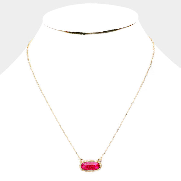 Fuchsia Hexagon Glitter Stone Pendant Necklace