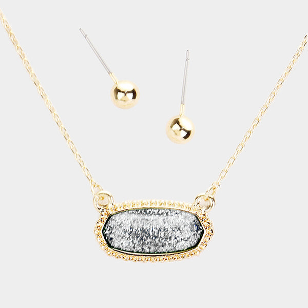 Grey Hexagon Glitter Stone Pendant Necklace