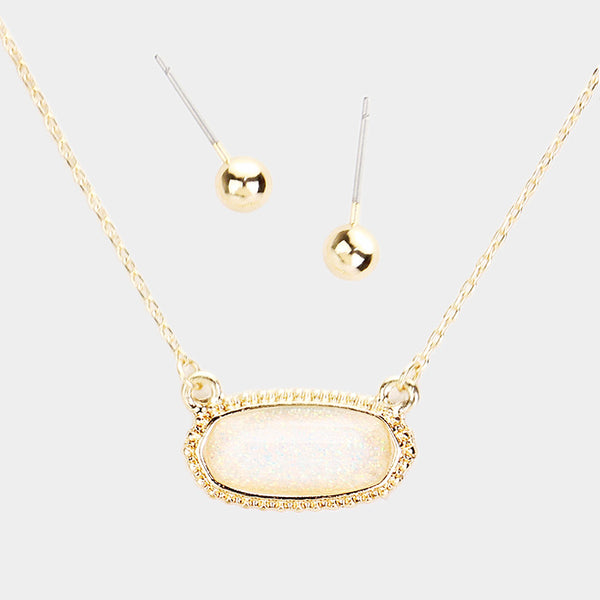 Creamy White Hexagon Glitter Stone Pendant Necklace