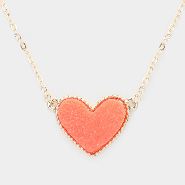 Druzy Orange Heart Pendant Necklace