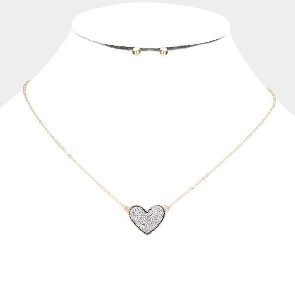 Druzy Hematite Heart Pendant Necklace