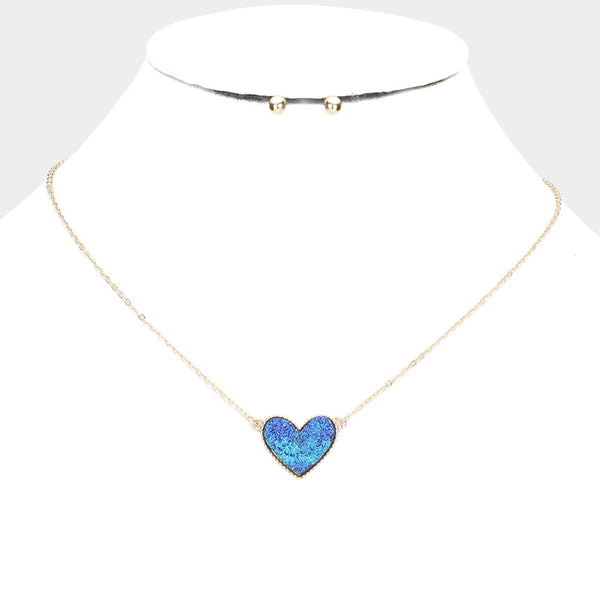 Druzy Blue Heart Pendant Necklace