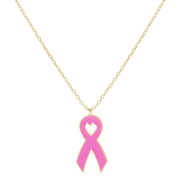 Gold Dipped Enamel Pink Ribbon Pendant Necklace