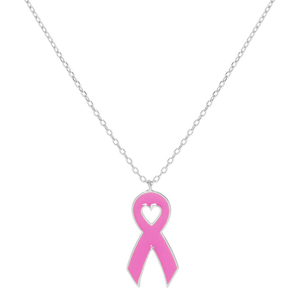 White Gold Dipped Enamel Pink Ribbon Pendant Necklace