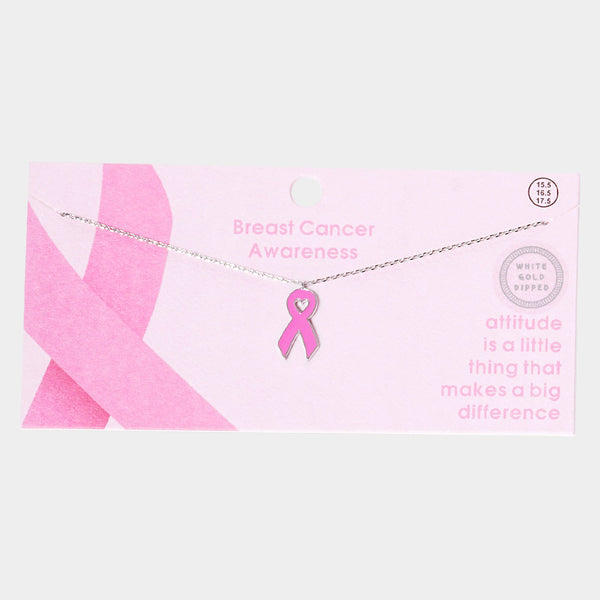 White Gold Dipped Enamel Pink Ribbon Pendant Necklace