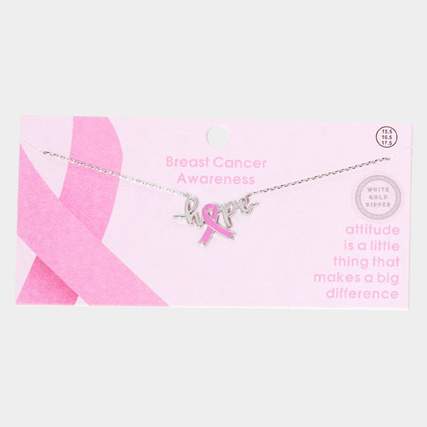 White Gold Dipped Pink Ribbon Hope Pendant Necklace
