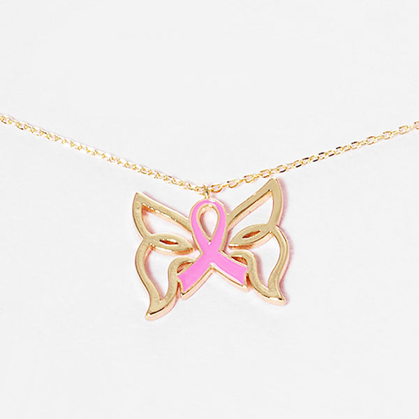 Gold Dipped Pink Ribbon Butterfly Pendant Necklace