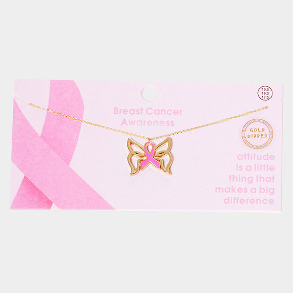 Gold Dipped Pink Ribbon Butterfly Pendant Necklace