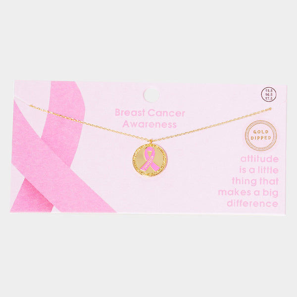 Gold Dipped Pink Ribbon Metal Pendant Necklace