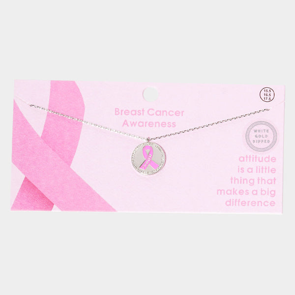 White Gold Dipped Pink Ribbon Metal Pendant Necklace