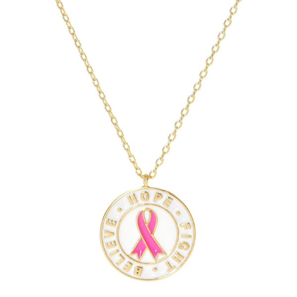 Gold Dipped Pink Ribbon Metal Pendant Necklace
