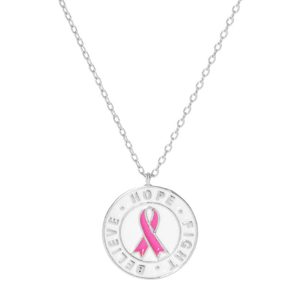 White Gold Dipped Pink Ribbon Metal Pendant Necklace