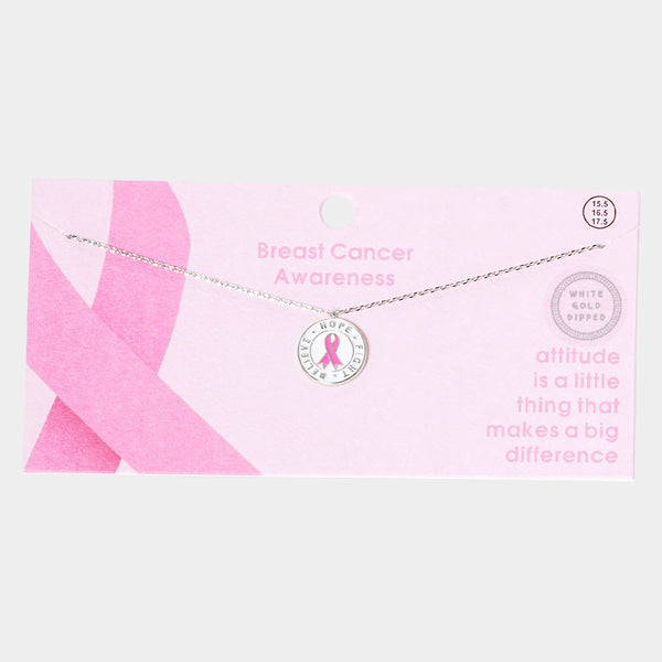 White Gold Dipped Pink Ribbon Metal Pendant Necklace