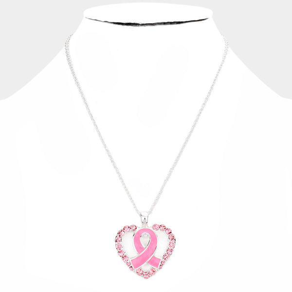 Pink Ribbon Awareness Heart Rhinestone Necklace