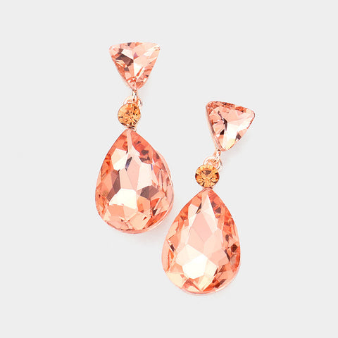 Formal Peach Geometric Crystal Teardrop Evening Earrings