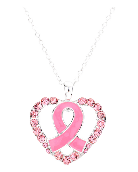 Pink Ribbon Awareness Heart Rhinestone Necklace