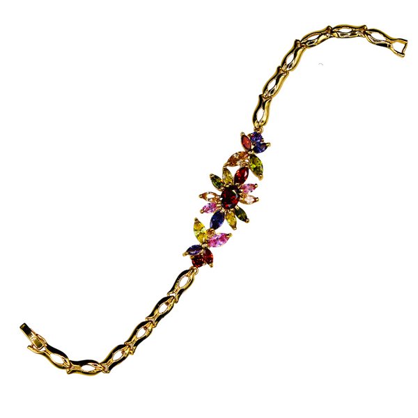 Gold Plated Cubic Zirconia Multi-Color Floral Bracelet