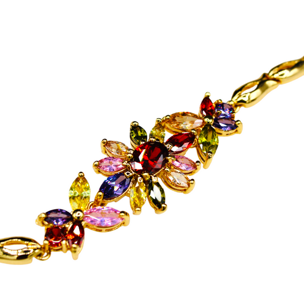 Gold Plated Cubic Zirconia Multi-Color Floral Bracelet