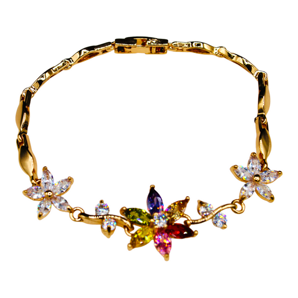 Gold Plated Cubic Zirconia Multi-Color Floral Bracelet