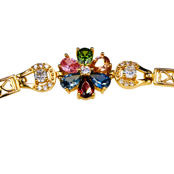 Gold Plated Cubic Zirconia Multi-Color Flower Bracelet