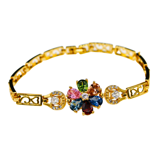 Gold Plated Cubic Zirconia Multi-Color Flower Bracelet