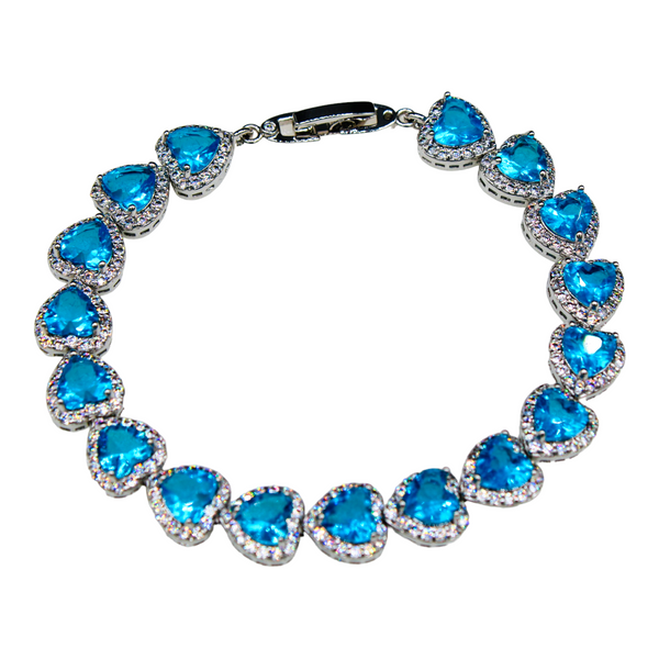 Sterling Silver Aquamarine Cubic Zirconia Heart Bracelet