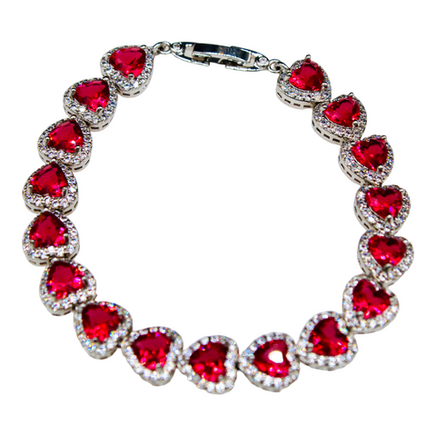 Sterling Silver Ruby Red Cubic Zirconia Heart Bracelet