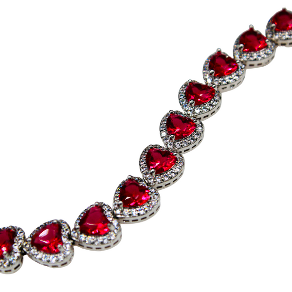Sterling Silver Ruby Red Cubic Zirconia Heart Bracelet