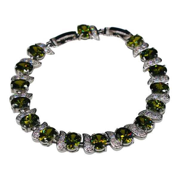 Sterling Silver Olive Green Oval Cubic Zirconia Bracelet