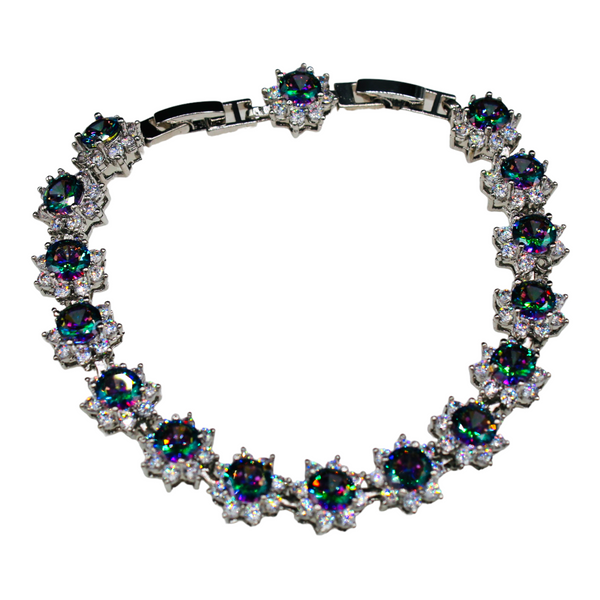 Sterling Silver Rainbow Mystic Topaz Floral Cubic Zirconia Bracelet